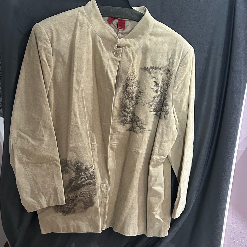 Beige Women's Leather Jacket with Artistic Design